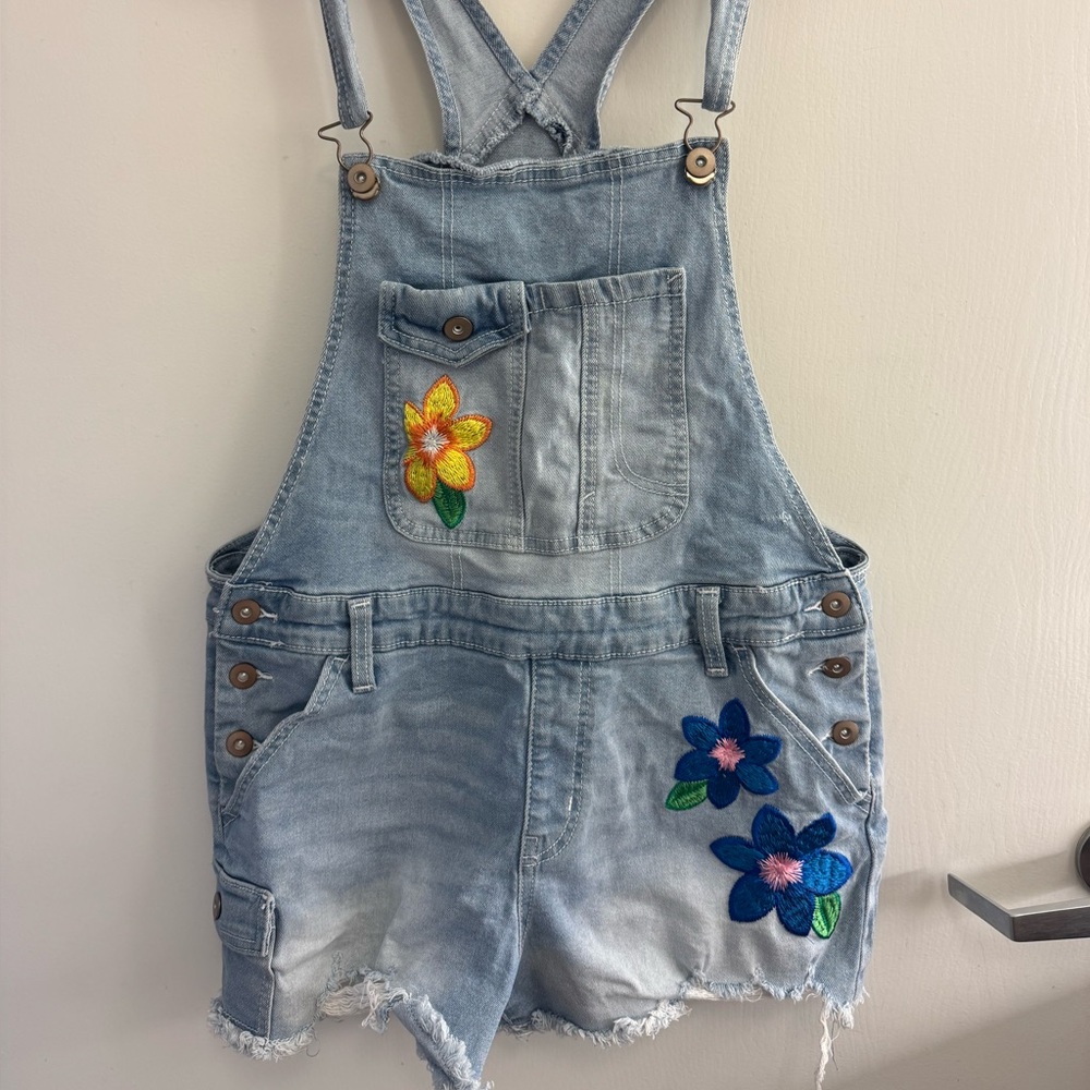 Denim Overalls with Floral Embroidery
